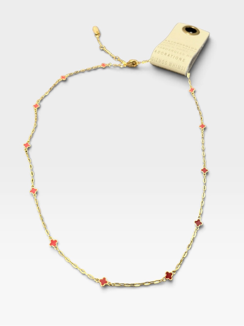 Anthropologie Gold Necklace with Red Clover Accents
